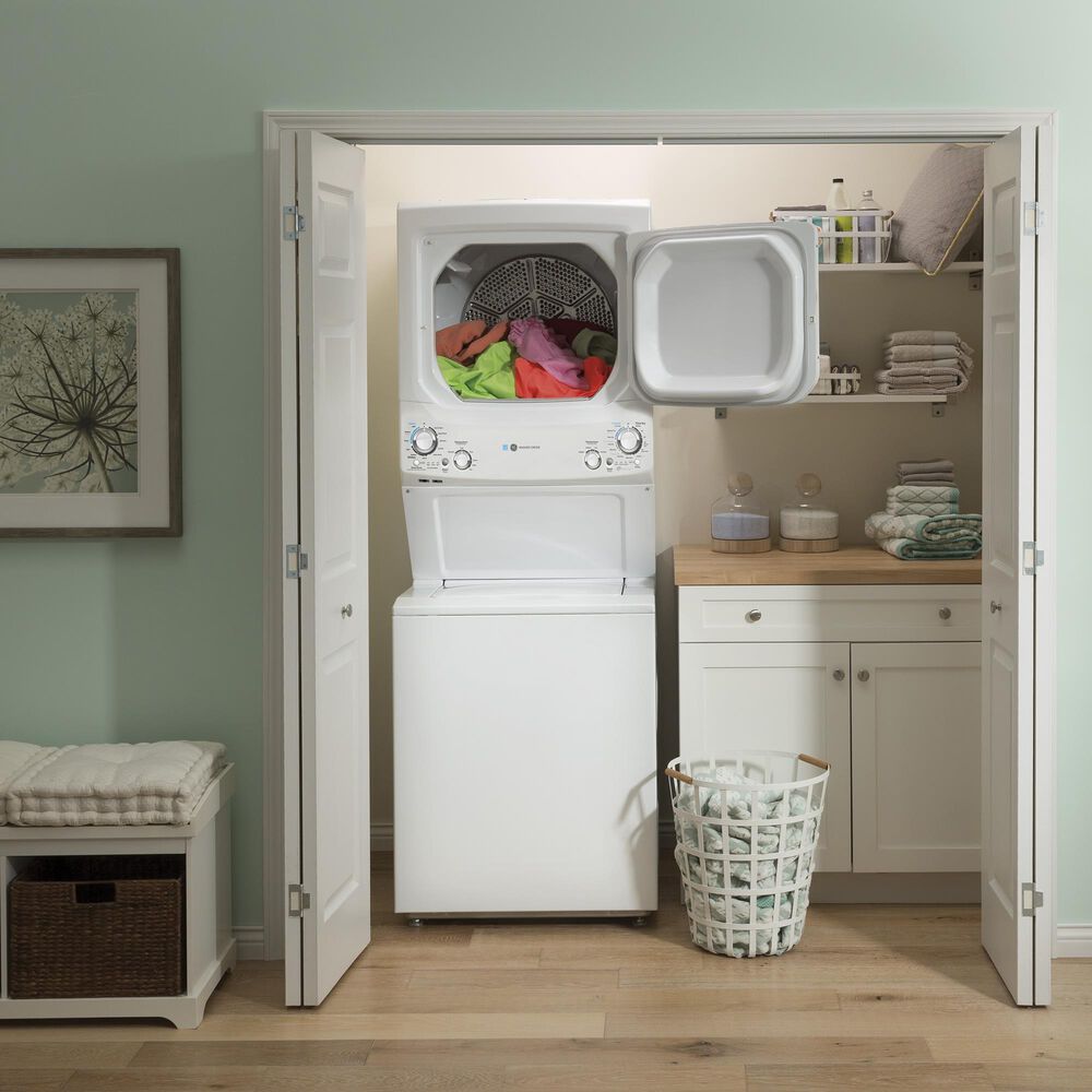 GE Appliances 3.9 Cu. Ft. Front Load Washer and 5.9 Cu. Ft. Electric Dryer Stack Laundry in White, , large