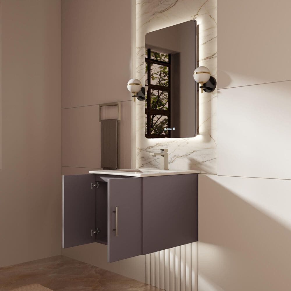 Lexora Home Geneva 24&quot; Single Bathroom Vanity in Dark Grey with 2 cm White Quartz Top and Rectangular Sink, , large