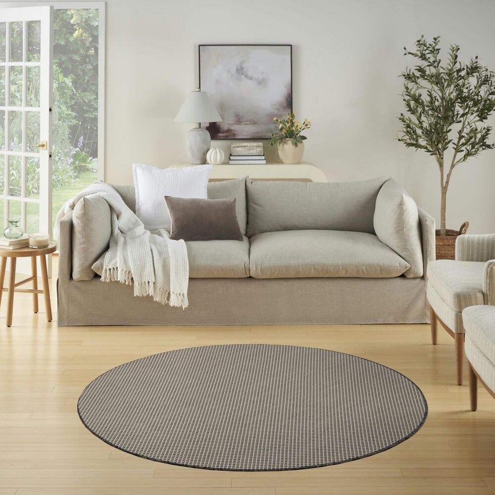 Nourison Courtyard Ivory and Charcoal 5&#39; Round Indoor/Outdoor Area Rug, , large