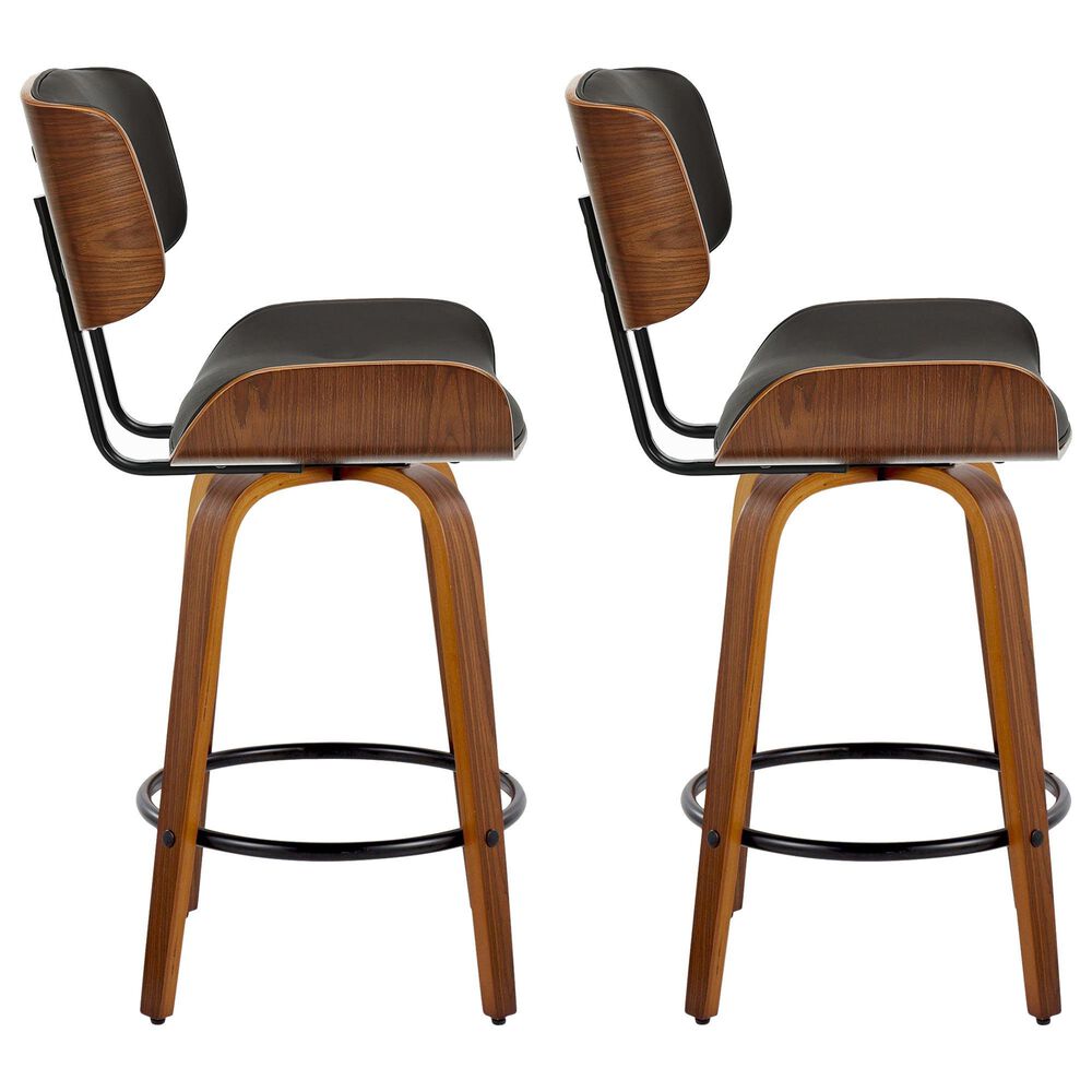 LumiSource Lombardi 26" Swivel Counter Stool with Espresso Faux Leather Upholstery in Walnut and Black (Set of 2), , large