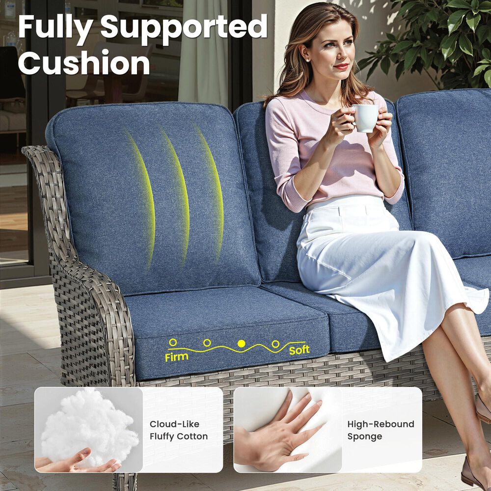 HOMLUX 6-Piece Patio Furniture Set with Swivel Rocking Chairs, High Back Outdoor Wicker Sofa, Grey Rattan in Denim Blue, , large