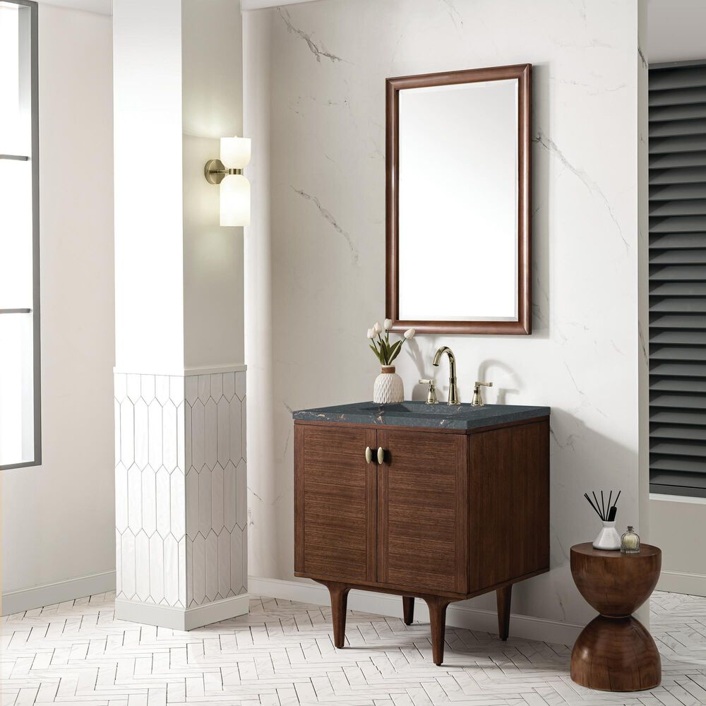 James Martin Vanities Amberly 30&quot; Single Bathroom Vanity in Mid-Century Walnut with 3 cm Parisien Bleu Quartz Top and Rectangular Sink, , large