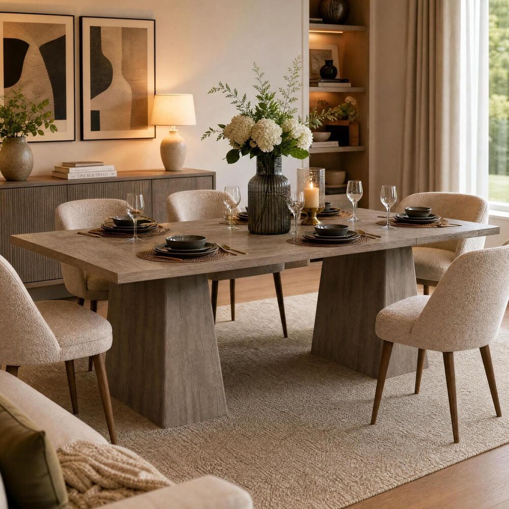 GARVEE 71" Rectangular Dining Table with Double Pedestal Base in Gray - Table Only, , large