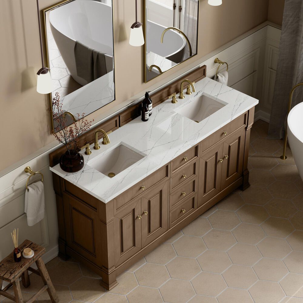 James Martin Vanities Brookfield 72&quot; Double Bathroom Vanity in Pecan with 3cm Ethereal Noctis Quartz Top and Rectangular Sinks, , large
