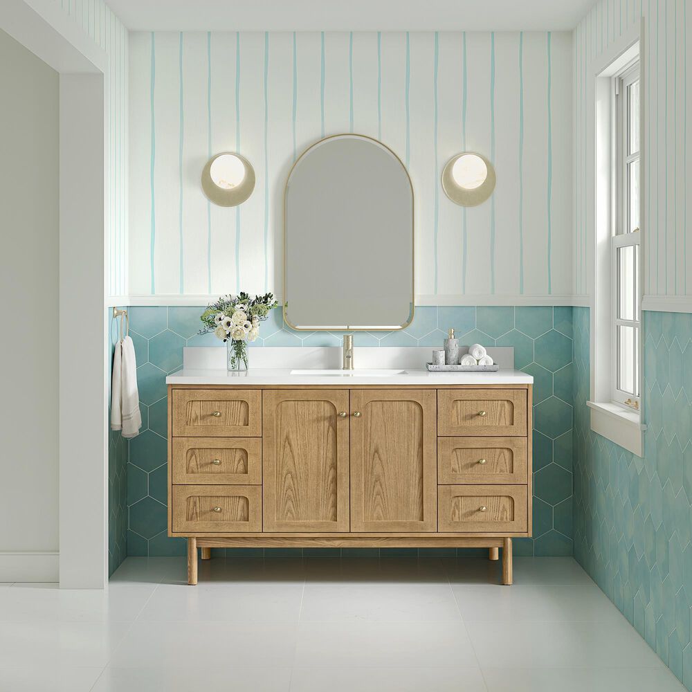 James Martin Vanities Laurent 60&quot; Single Bathroom Vanity in Light Natural Oak with Single Hole 3 cm White Zeus Quartz Top and Rectangular Sink, , large