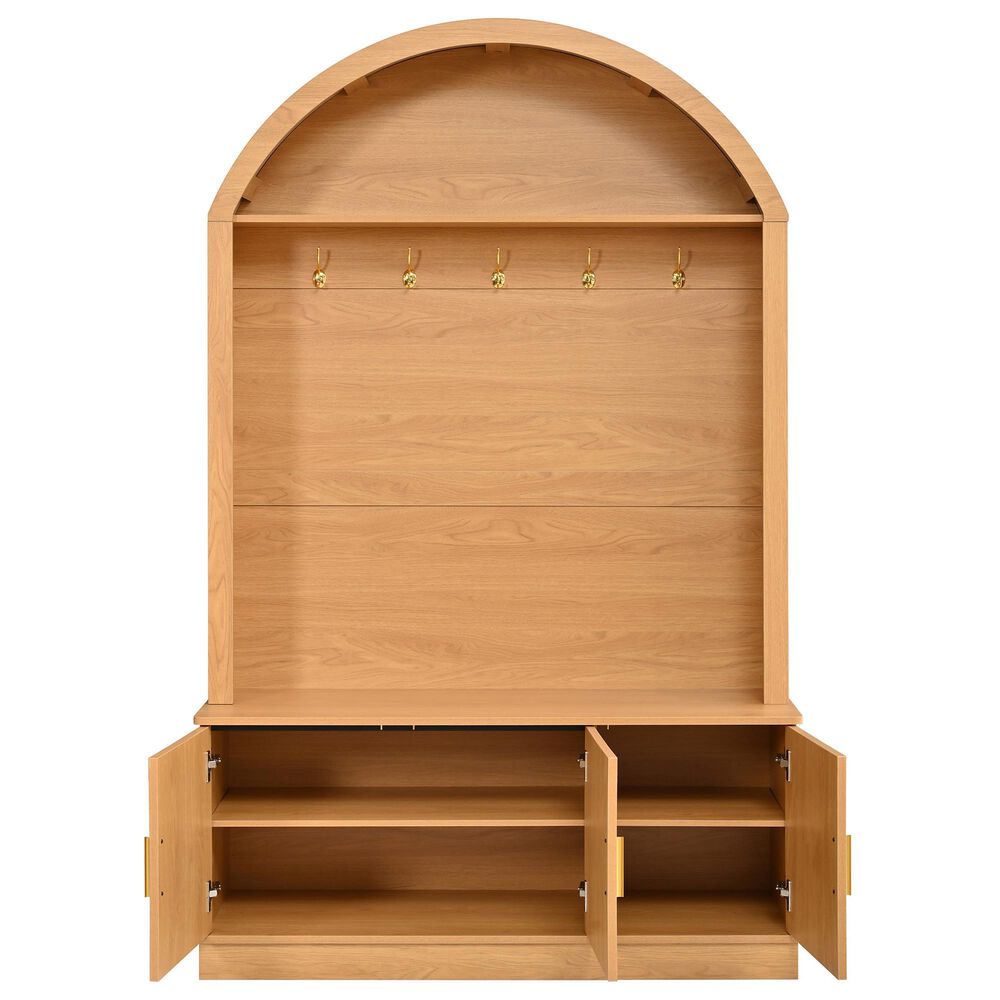 HOMLUX Farmhouse Fabric Arched Top Hall Tree with 5 Metal Hooks and Adjustable Shelves in Natural, , large