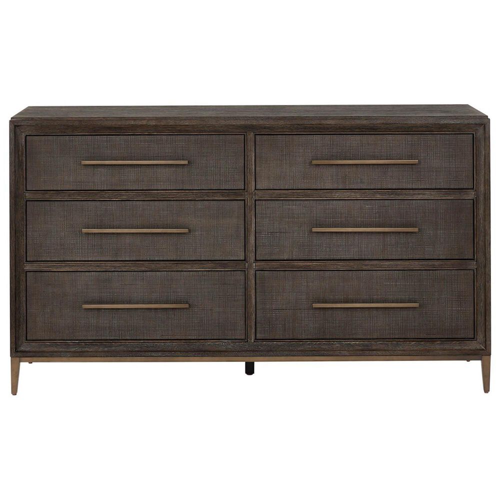 Furniture Worldwide Montclair 6-Drawer Dresser and Mirror in Medium Brown and Smoked Gold, , large