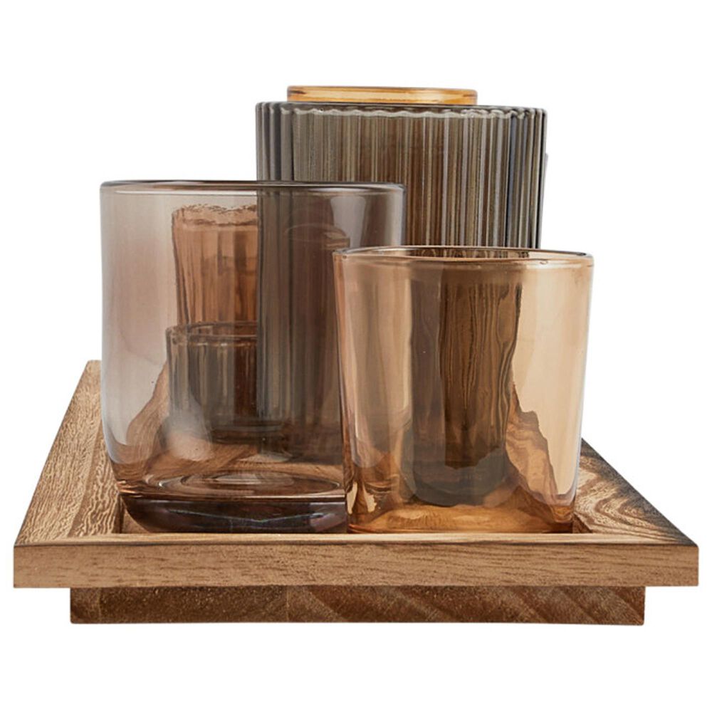 Creative Coop 10-Piece Wood Tray with 9 Glass Votive Holder Set in Brown, , large