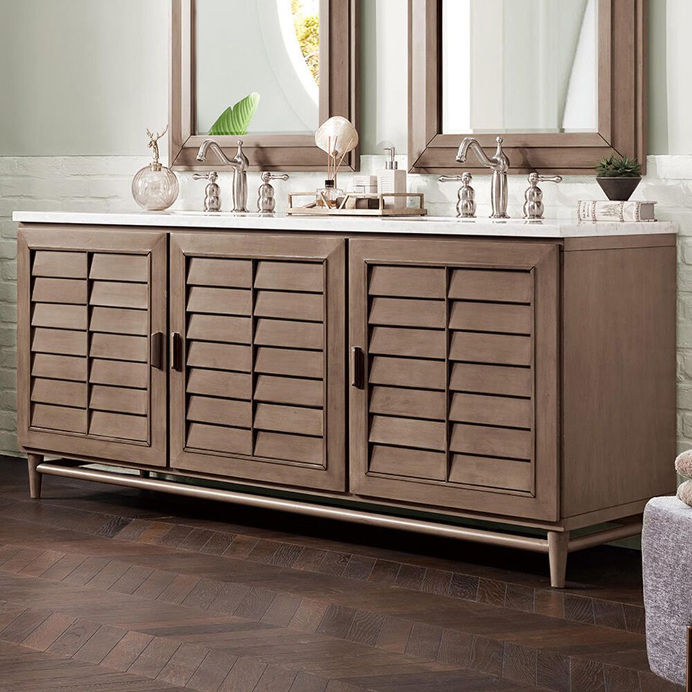 James Martin Vanities Portland 72&quot; Double Bathroom Vanity in Whitewashed Walnut with 3 cm Arctic Fall Solid Surface Top and Rectangular Sinks, , large