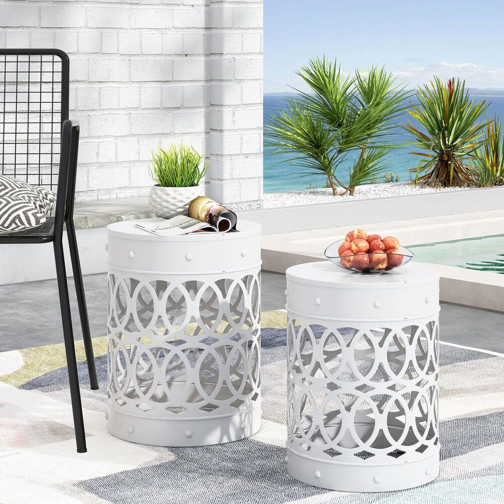 Hearth and Haven Cylindrical-Shaped Iron Patio End Table in White &#40;Set of 2&#41;, , large