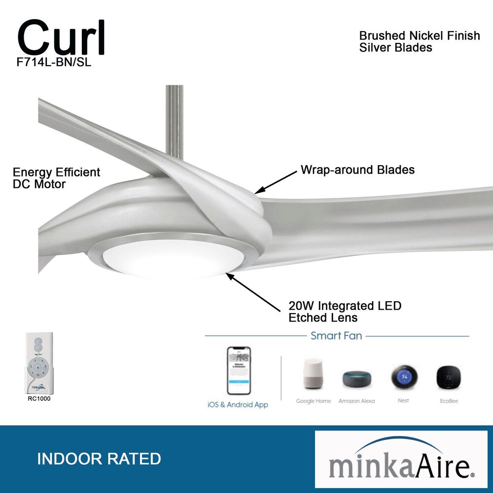 Minka-Aire Curl 60" Ceiling Fan with LED Light in Brushed Nickel, , large