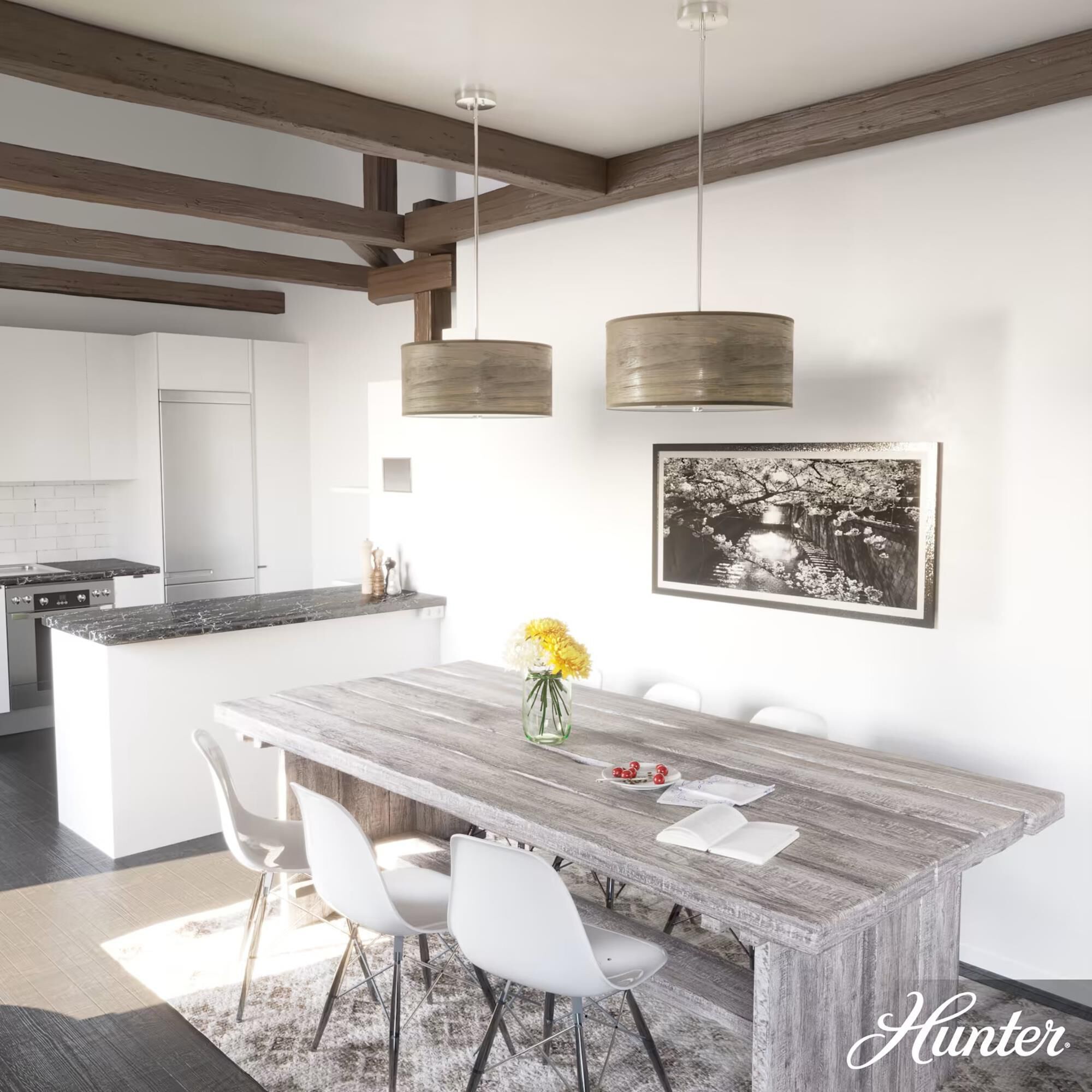 Hunter Solhaven 3 Light Mini Pendant with Warm Grey Oak Shade in Brushed Nickel