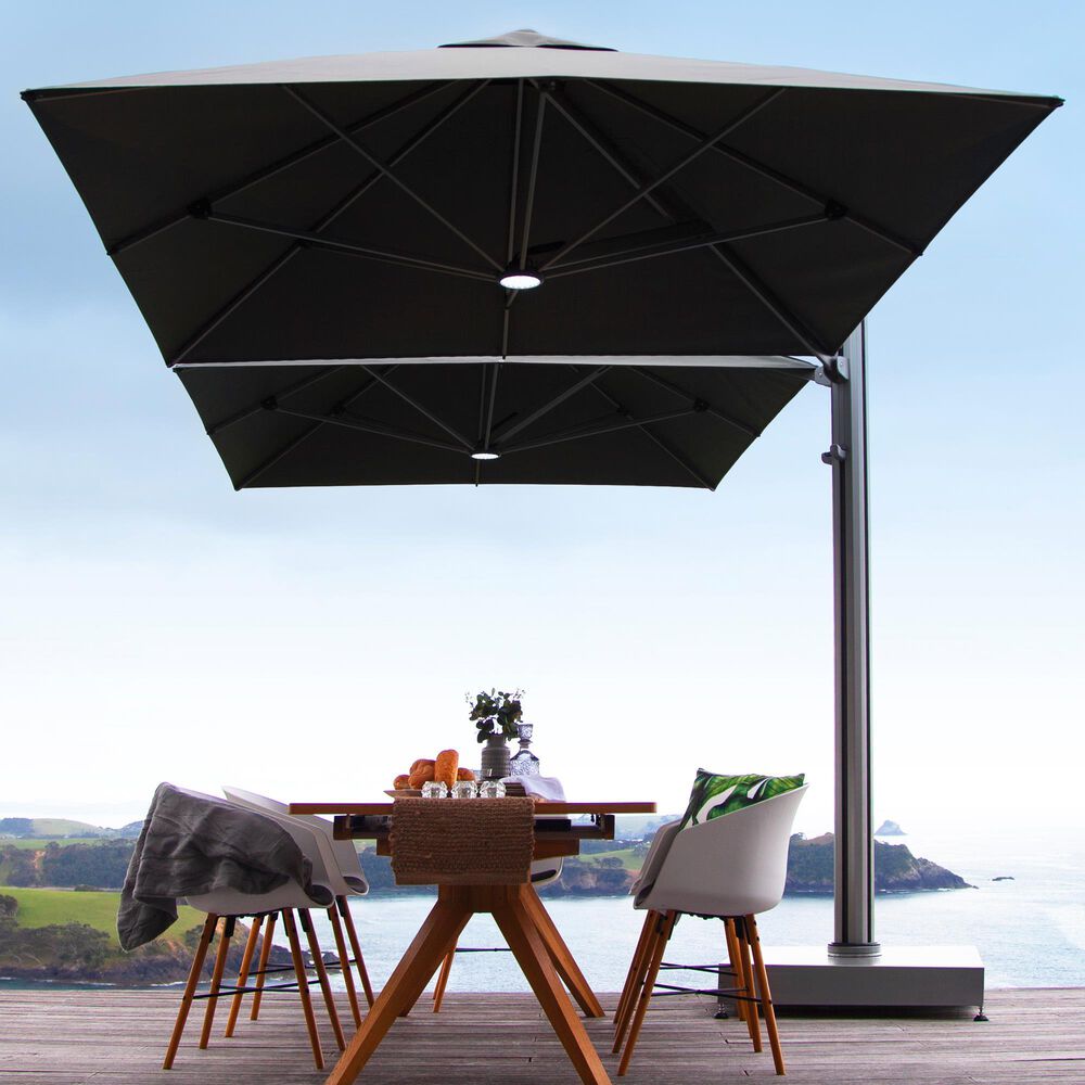 Shadowspec Unity 8" Square Duo Umbrella with Stand and Base in Charcoal Tweed, , large