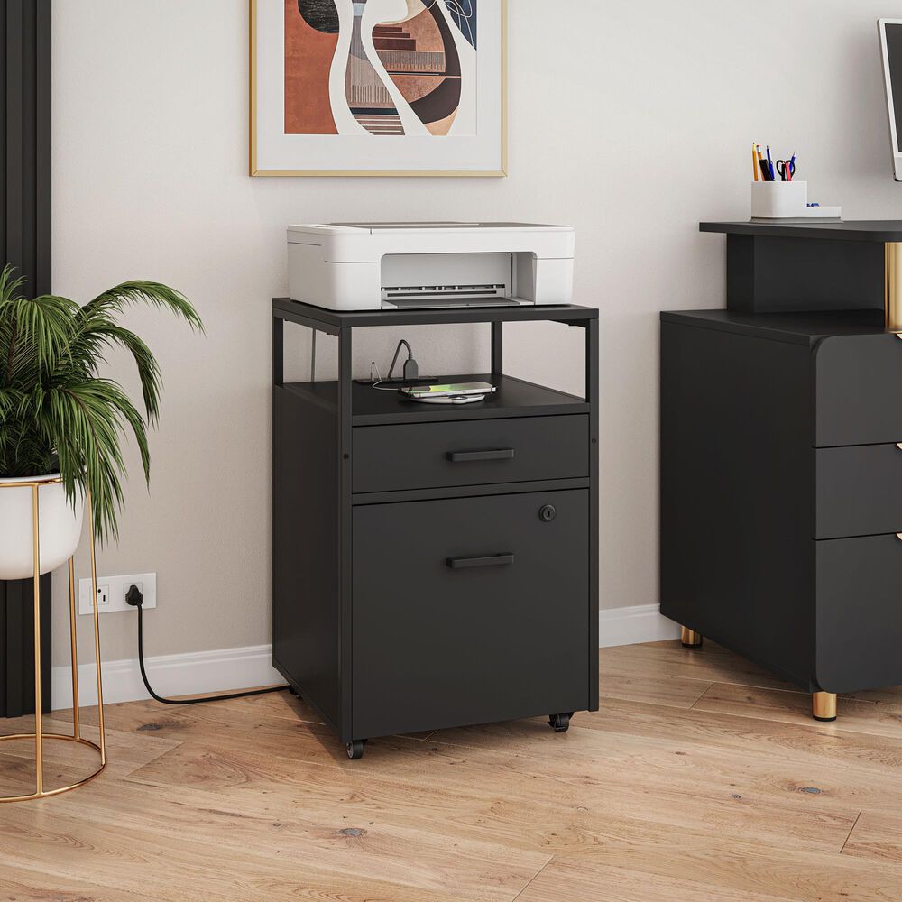 Rta Products Llc Modern Rolling File Cabinet with USB Charging Ports and Power Outlet in Black, , large