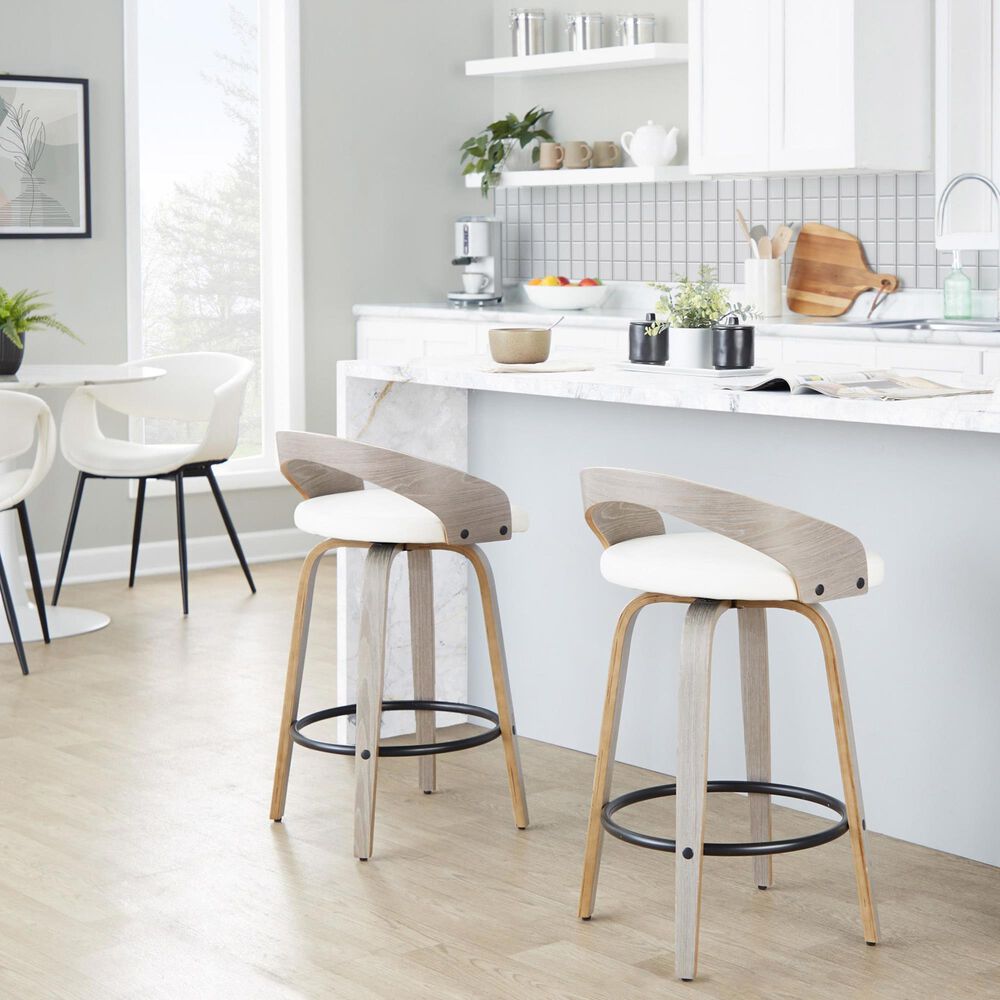 LumiSource Grotto 26" Swivel Counter Stool with White Faux Leather Upholstery in Light Grey and Black (Set of 2), , large