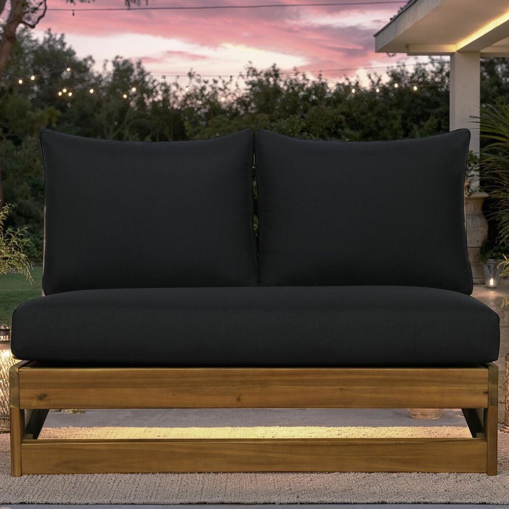Linon Home Decor Silbury Outdoor Bench with Black Cushion in Warm Teak, , large