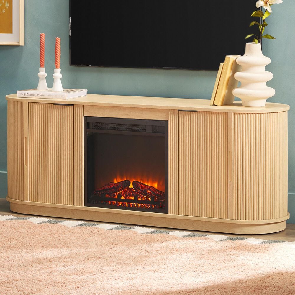 Walker Edison Chloe 60&quot; TV Stand with Freestanding Electric Fireplace in Coastal Oak, , large