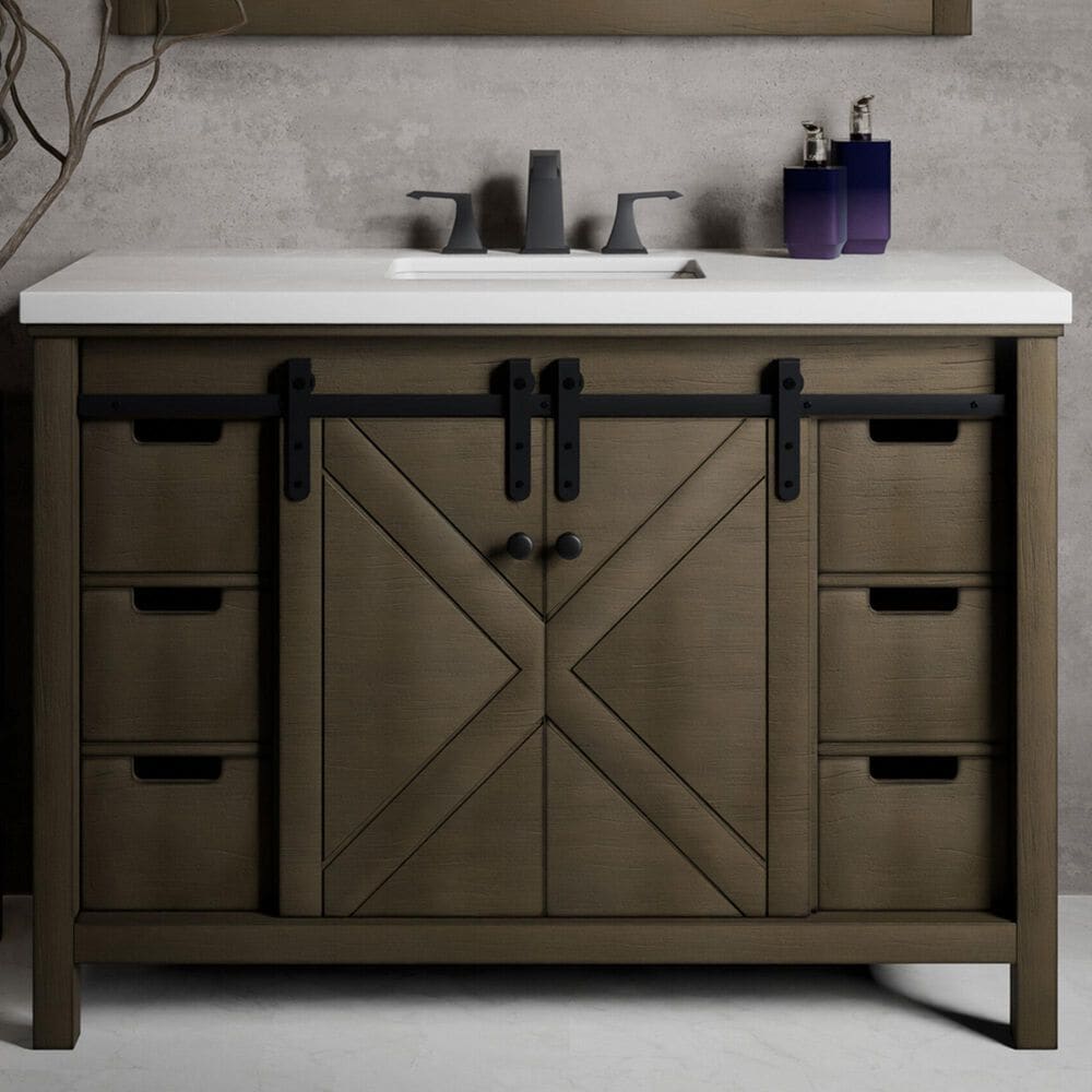 Lexora Home Marsyas 48&quot; Single Bathroom Vanity in Rustic Brown with White Quartz Top and Rectangular Sink, , large