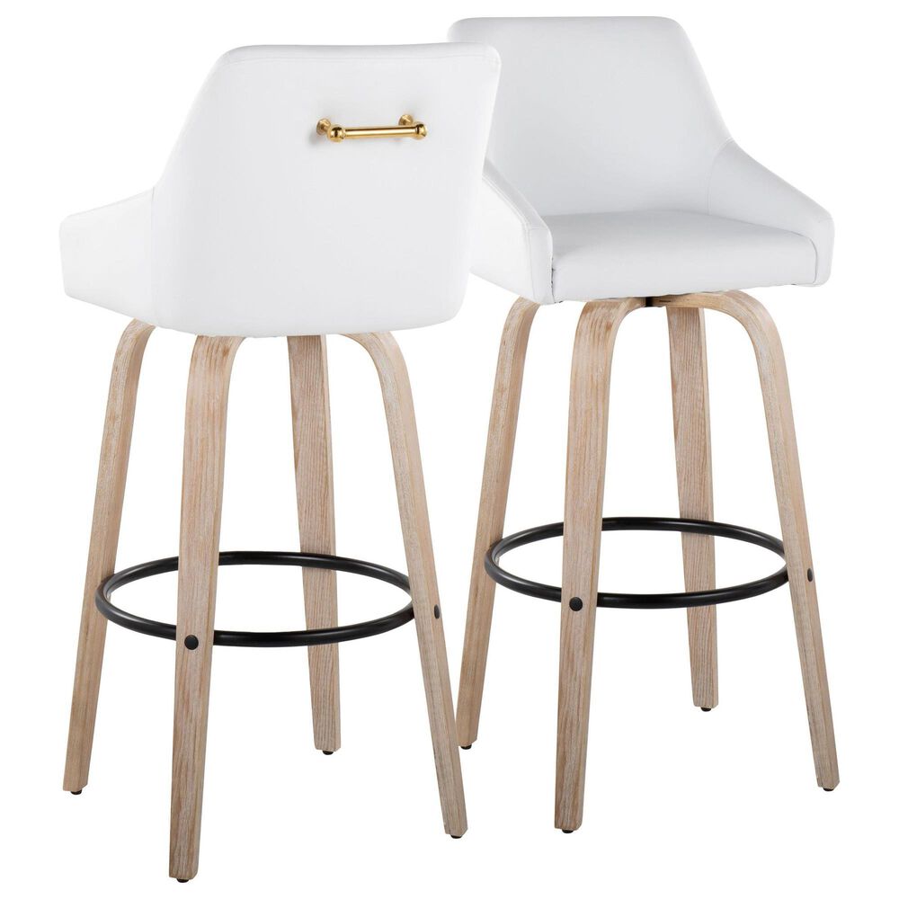 LumiSource Hannah Swivel Bar Stool with White Faux Leather Upholstery in Whitewashed and Black (Set of 2), , large