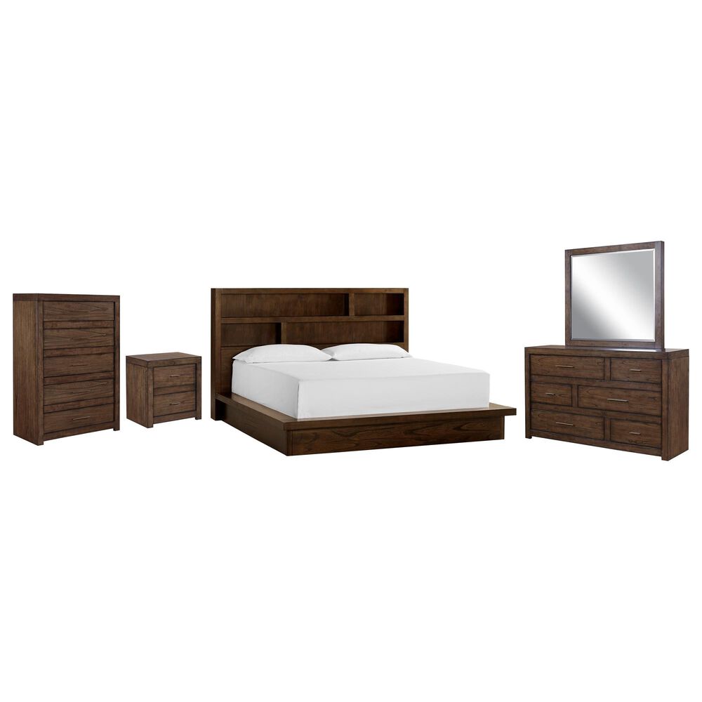 Riva Ridge Modern Loft 5 Piece Queen Bookcase Platform Bedroom Set in Brownstone, , large