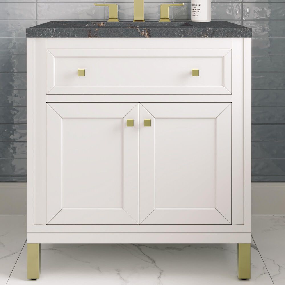 James Martin Vanities Chicago 30&quot; Single Bathroom Vanity in Glossy White with 3 cm Parisien Bleu Quartz Top and Rectangular Sink, , large