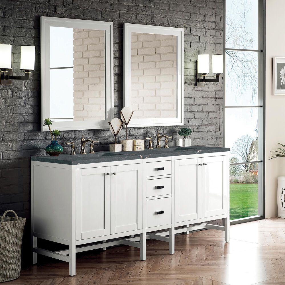 James Martin Vanities Addison 72&quot; Double Bathroom Vanity in Glossy White with 3 cm Parisien Bleu Quartz Top and Rectangular Sinks, , large