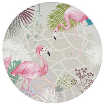Safavieh Barbados Tropical Flamingo 6"6" Round Grey and Pink Indoor/Outdoor Area Rug, , large