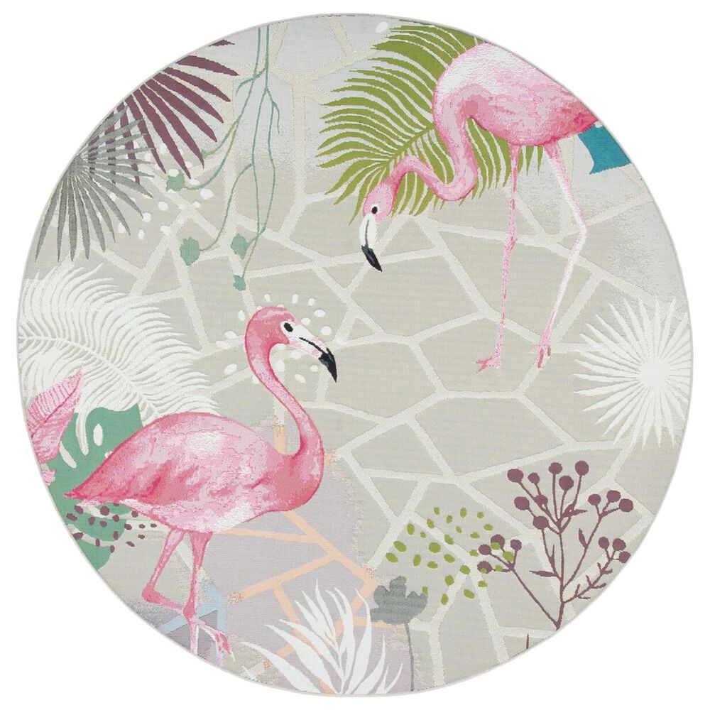 Safavieh Barbados Tropical Flamingo 6"6" Round Grey and Pink Indoor/Outdoor Area Rug, , large