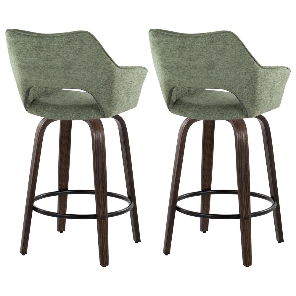 LumiSource Mustang 26" Swivel Counter Stool with Green Fabric Upholstery in Glazed Walnut and Black (Set of 2), , large