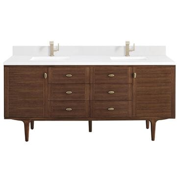 James Martin Vanities Amberly 72" Double Bathroom Vanity in Mid-Century Walnut with Single Hole 3 cm White Zeus Quartz Top and Rectangular Sinks, , large