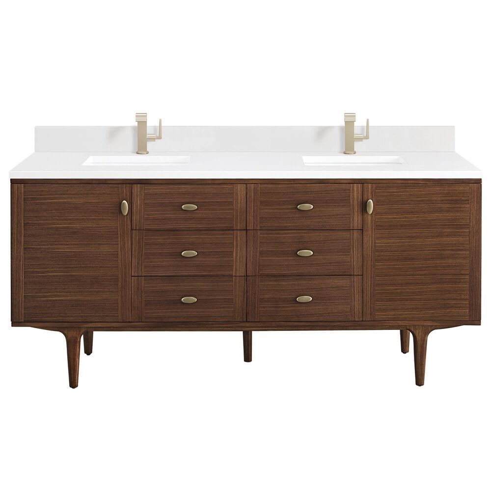 James Martin Vanities Amberly 72" Double Bathroom Vanity in Mid-Century Walnut with Single Hole 3 cm White Zeus Quartz Top and Rectangular Sinks, , large