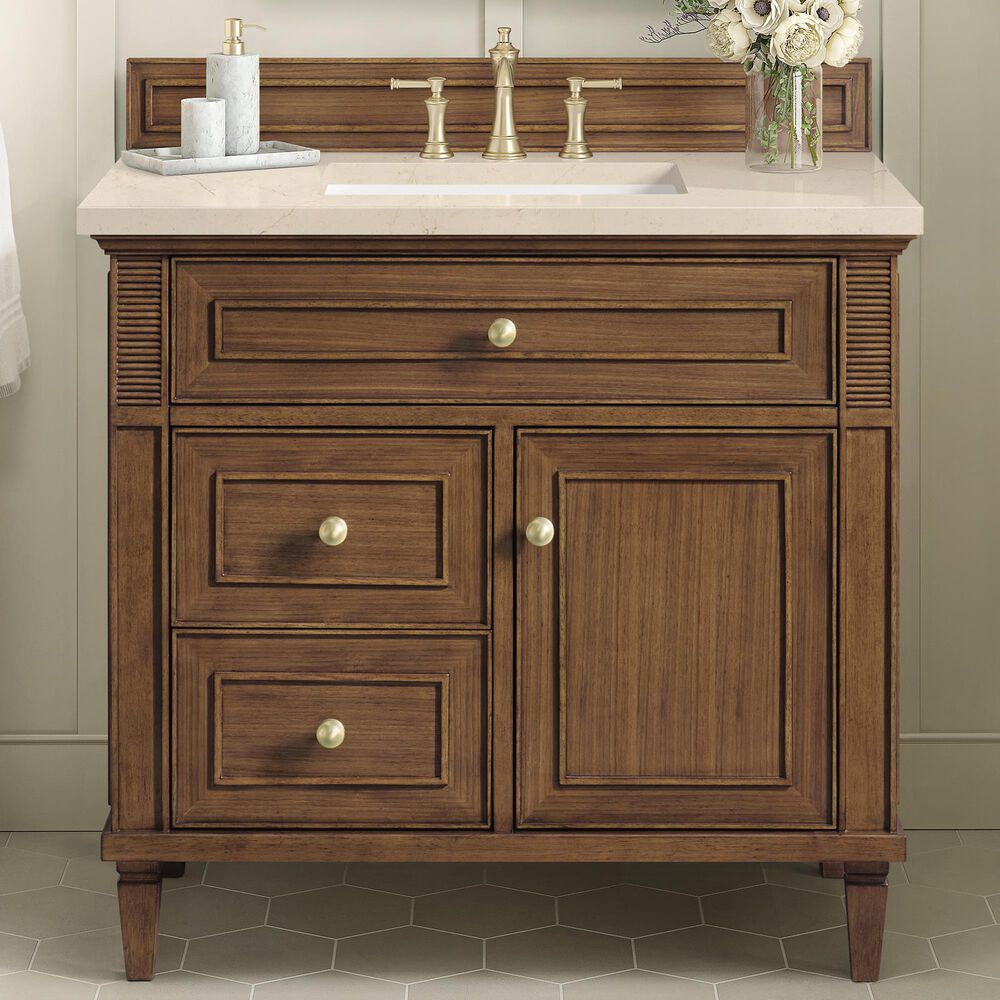 James Martin Vanities Lorelai 36&quot; Single Vanity in Mid-Century Walnut with 3 cm Eternal Marfil Quartz Top, , large