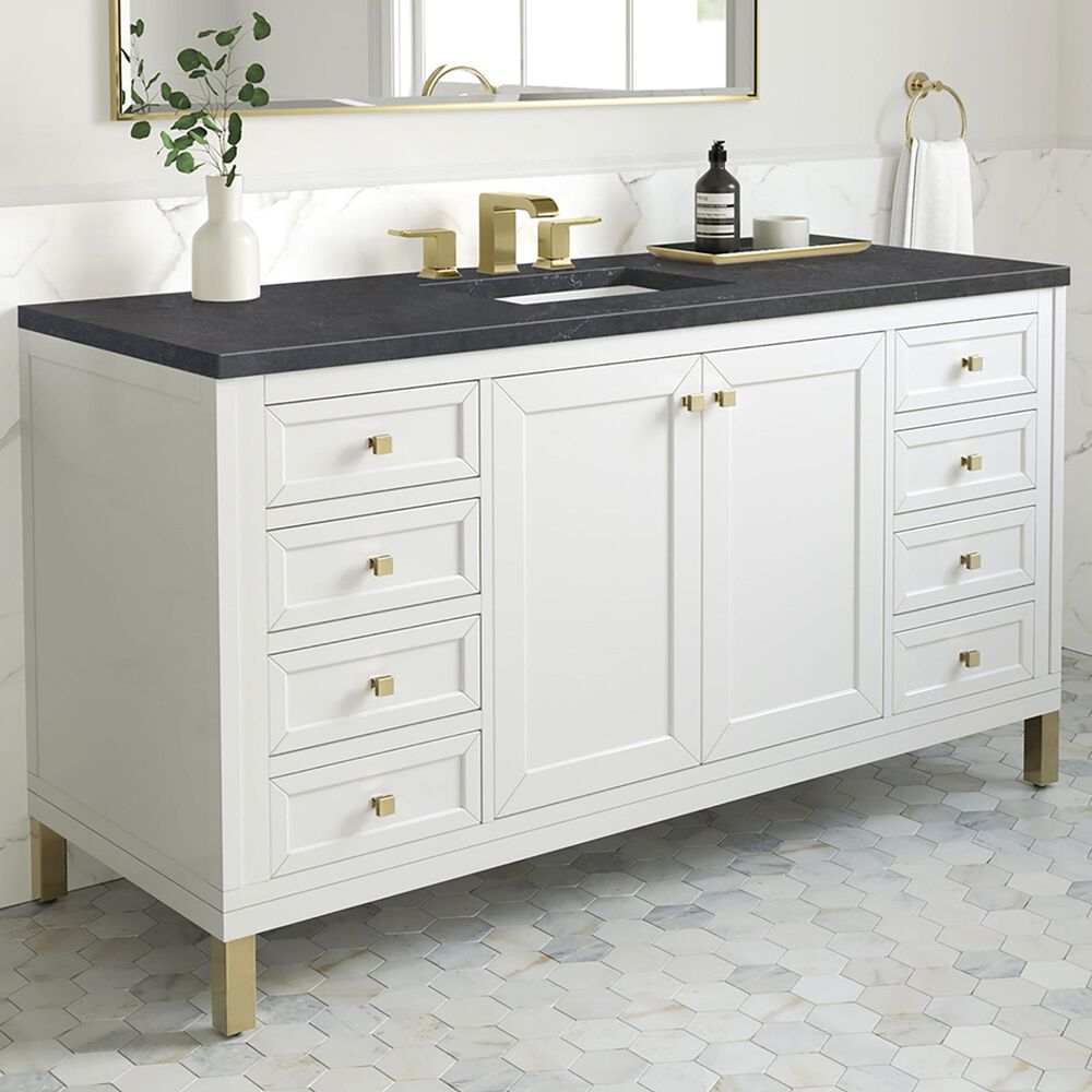 James Martin Vanities Chicago 60&quot; Single Bathroom Vanity in Glossy White with 3 cm Charcoal Soapstone Quartz Top and Rectangular Sink, , large