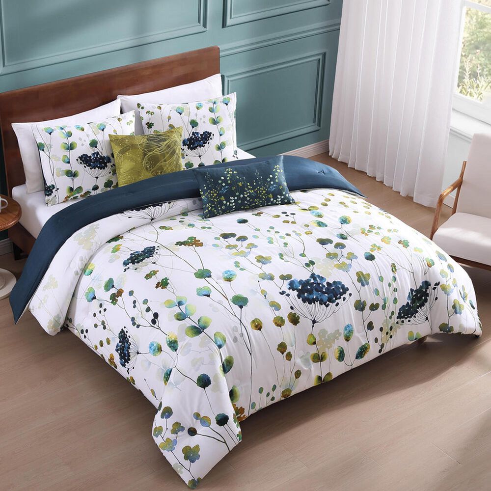 BEBEJAN Abstract Vines 5-Piece King/Cal King Comforter Set in Navy Blue, Gold and White, , large