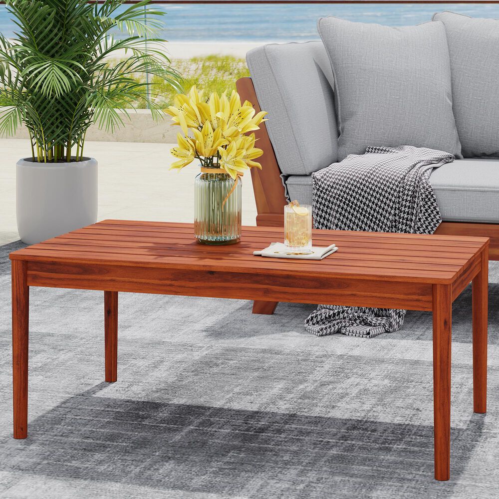 Hearth and Haven Bryan Outdoor Slatted Wood Coffee Table in Mahogany, , large