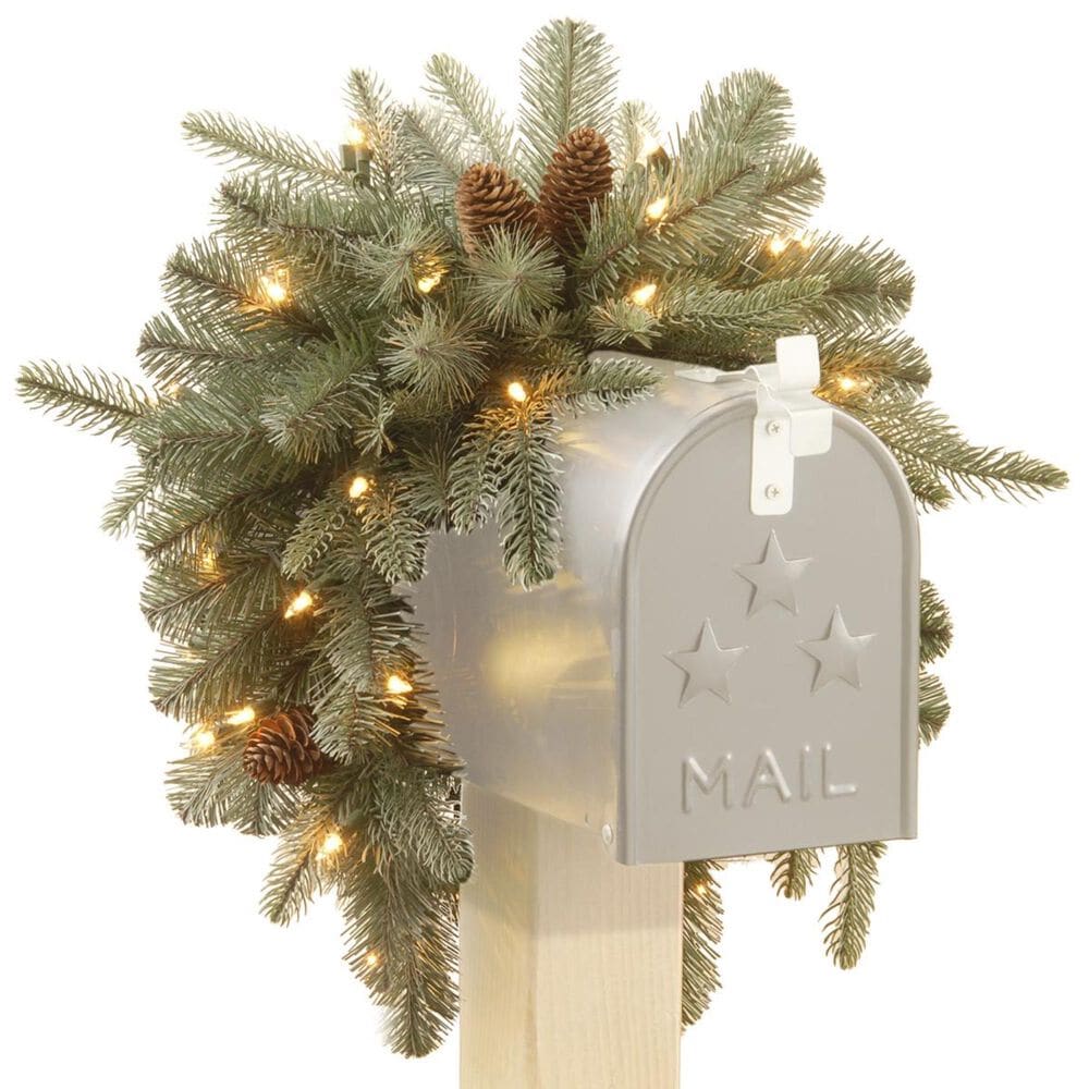 National Tree 36" Frosted Arctic Spruce Mailbox Swag with Battery Operated Warm White LED Lights, , large