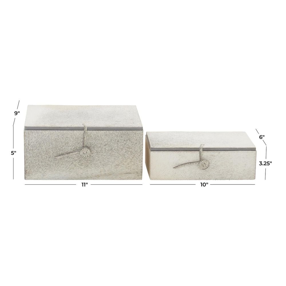 Maple and Jade 2-Piece Handmade Cowhide Decorative Box Set with Leather Loop Closure in Gray and White, , large
