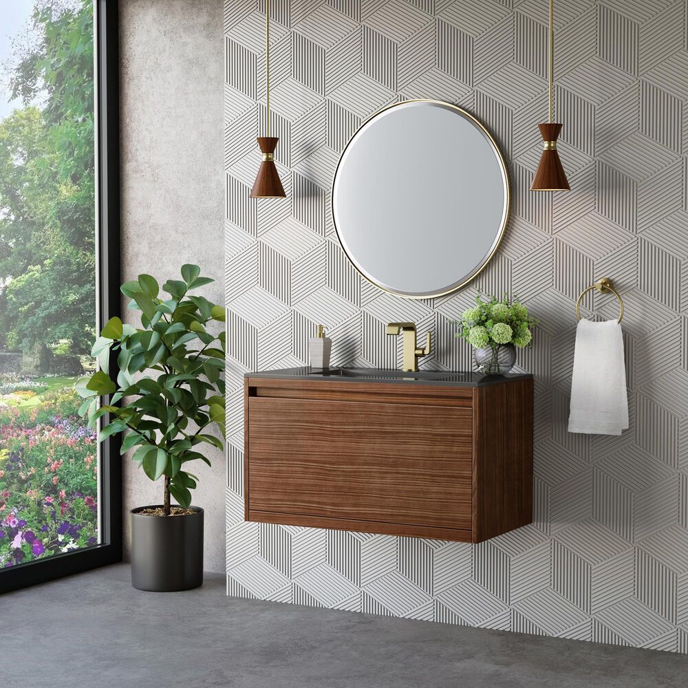 James Martin Vanities Mantova 35.4&quot; Single Vanity in Mid-Century Walnut and Champagne Brass with 3 cm Charcoal Black Composite Stone Top and Rectangular Sink, , large