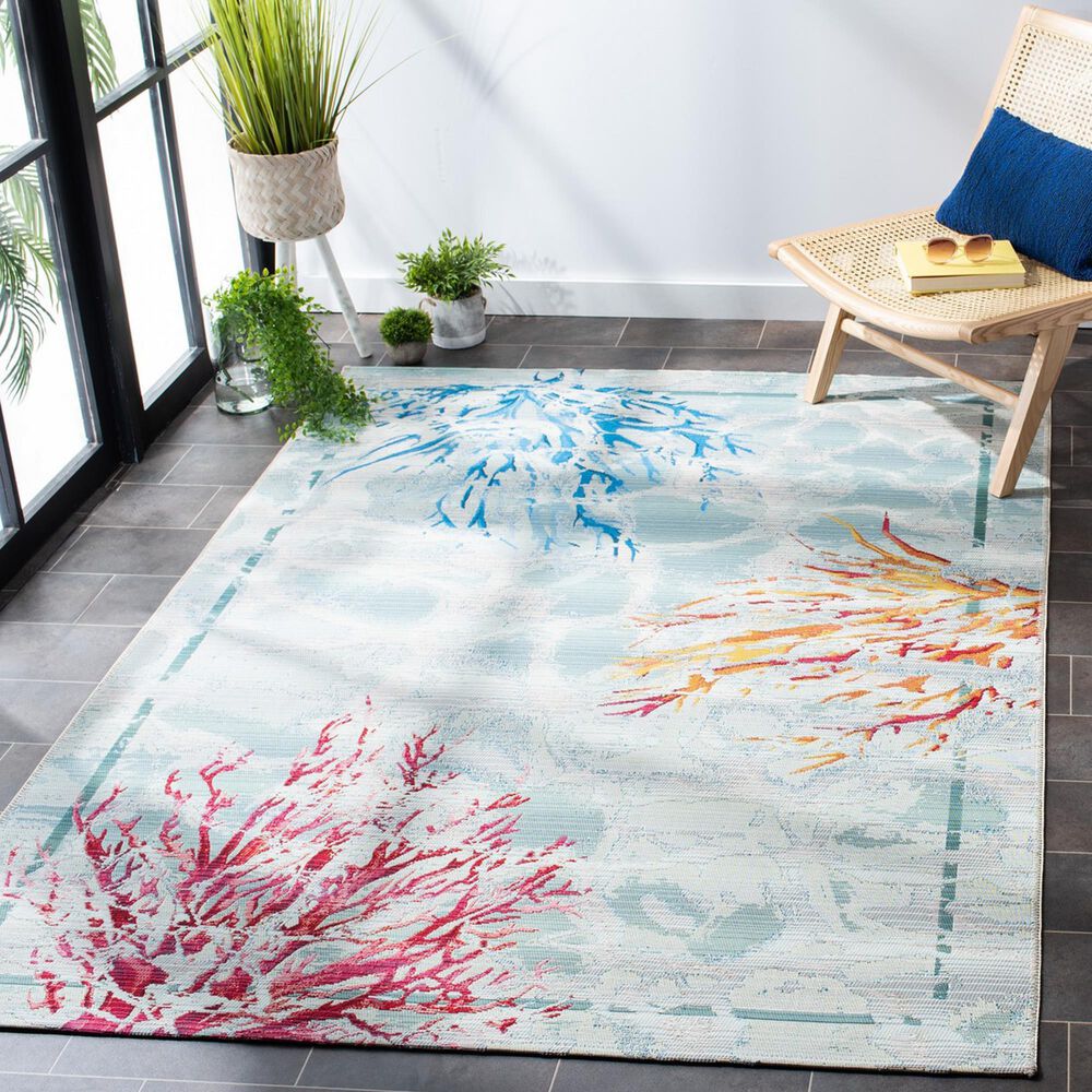 Safavieh Barbados Tropical Coral 3&#39;3&quot; x 5&#39;3&quot; Teal and White Indoor/Outdoor Area Rug, , large