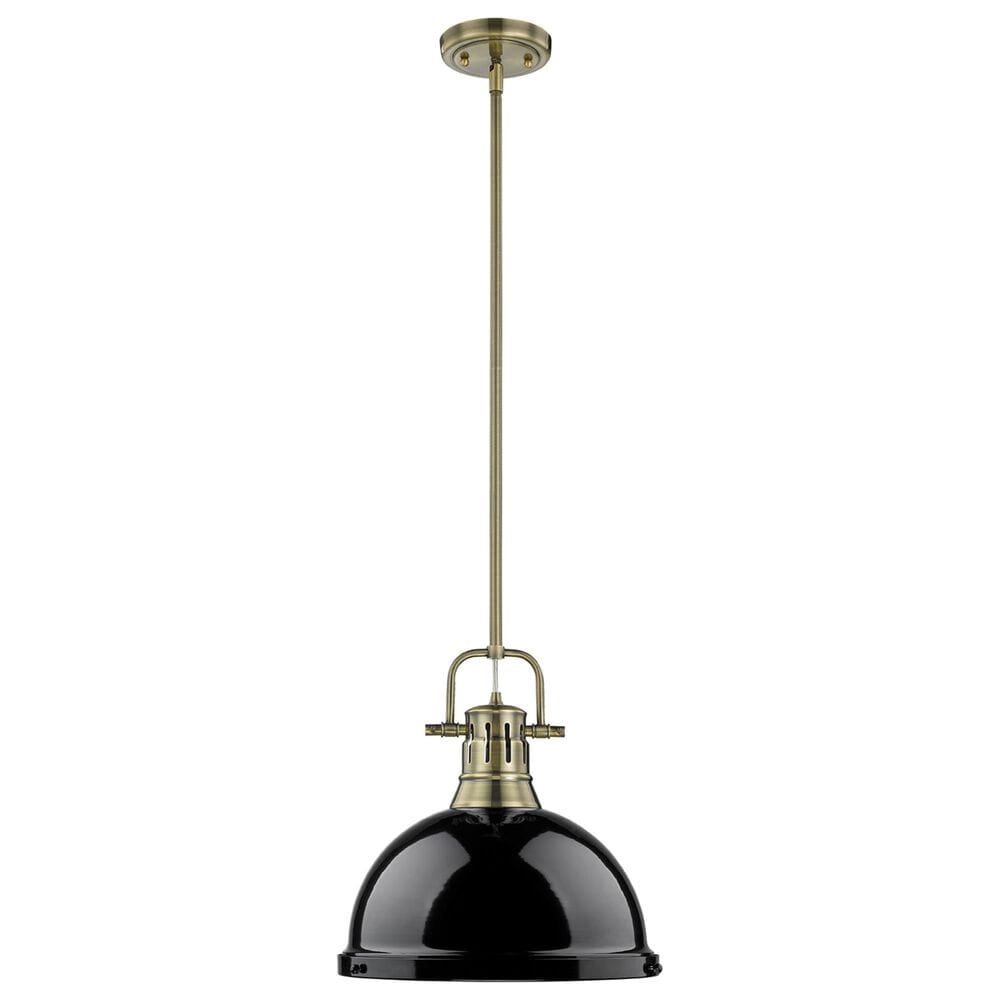 Golden Lighting Duncan 1-Light Pendant with Rod and Black Shade in Aged Brass, , large