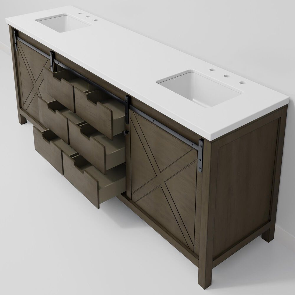 Lexora Home Marsyas 84&quot; Double Bathroom Vanity in Rustic Brown with White Quartz Top and Rectangular Sinks, , large