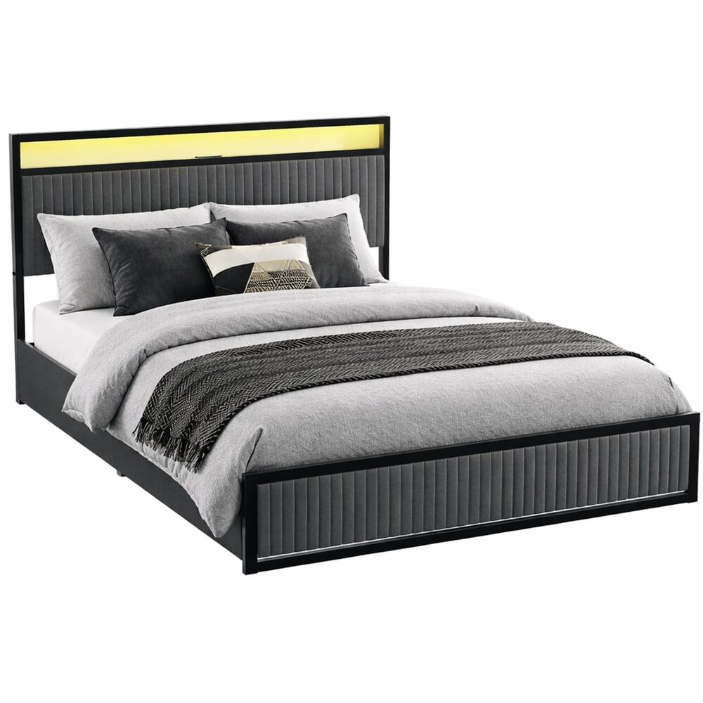 HOMLUX Queen 2-Drawer Storage Bed with LED Headboard and USB Ports in Gray, , large