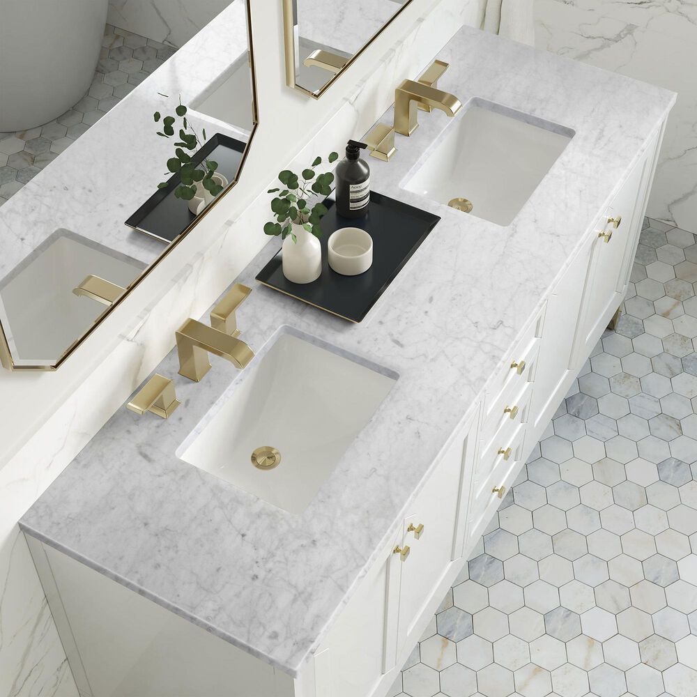 James Martin Vanities Chicago 72&quot; Double Bathroom Vanity in Glossy White with 3 cm Carrara White Marble Top and Rectangular Sinks, , large