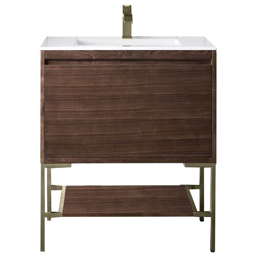 James Martin Vanities Mantova 31.5" Single Vanity in Mid-Century Walnut and Champagne Brass with 3 cm Glossy White Composite Stone Top and Rectangular Sink, , large