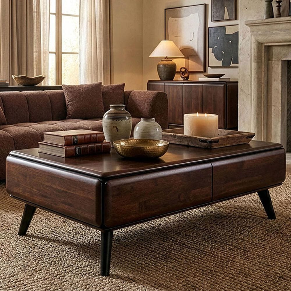 Furniture of America Coffee Table with Storage Drawers in Rich Walnut, , large