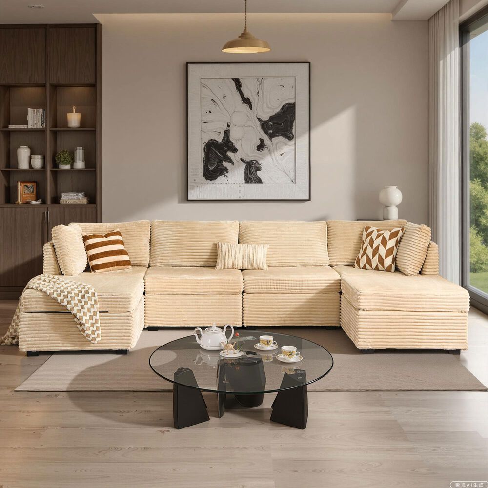 HOMLUX 6-Piece Mod Sectional with Ottomans in Beige, , large