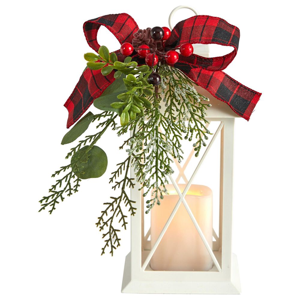 Nearly Natural Inc 12in. Holiday White Lantern With Berries, Pine and Plaid Bow Artificial Christmas Table Arrangement with LED Candle Included, , large