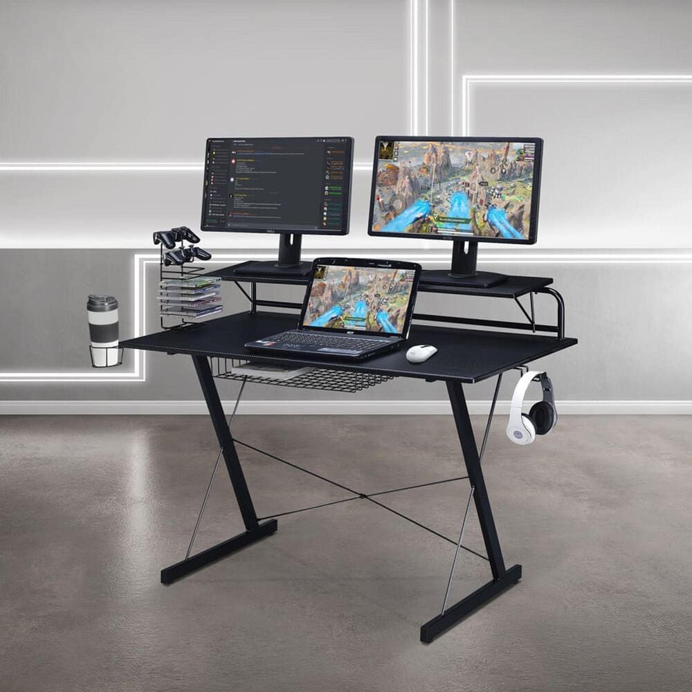 Rta Products Llc Carbon Computer Gaming Desk with Shelving in Black, , large