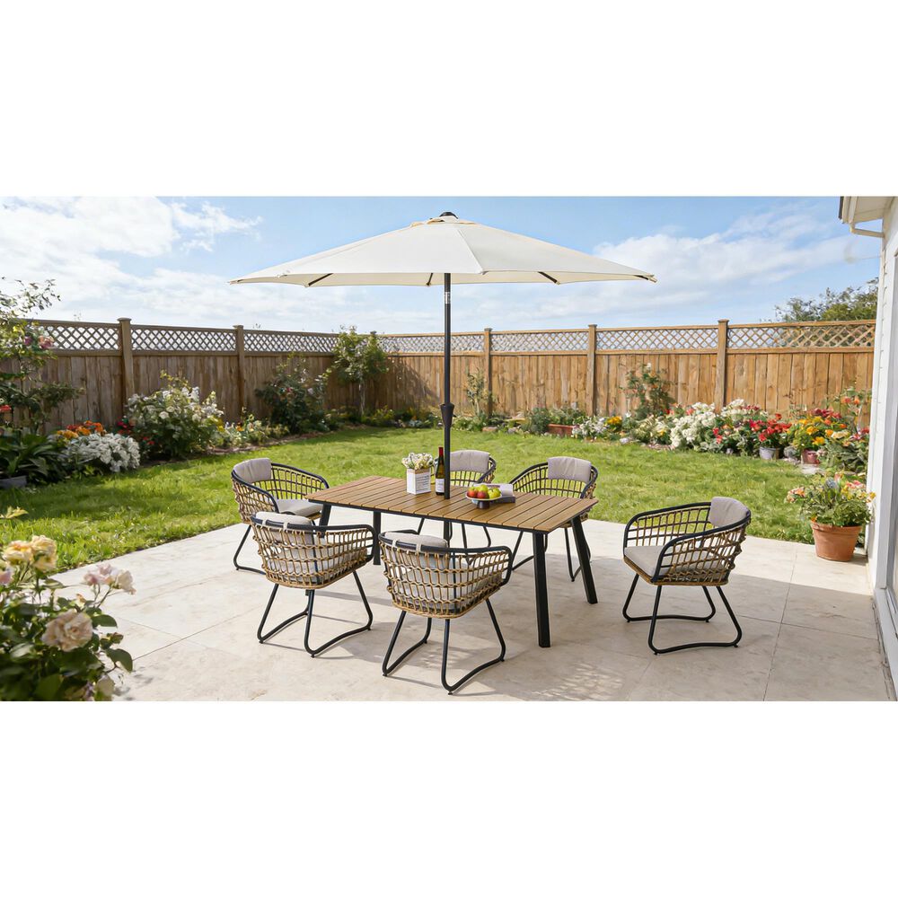 Hearth and Haven 7-Piece Outdoor Rectangular Dining Set with Beige Cushion in Black, , large