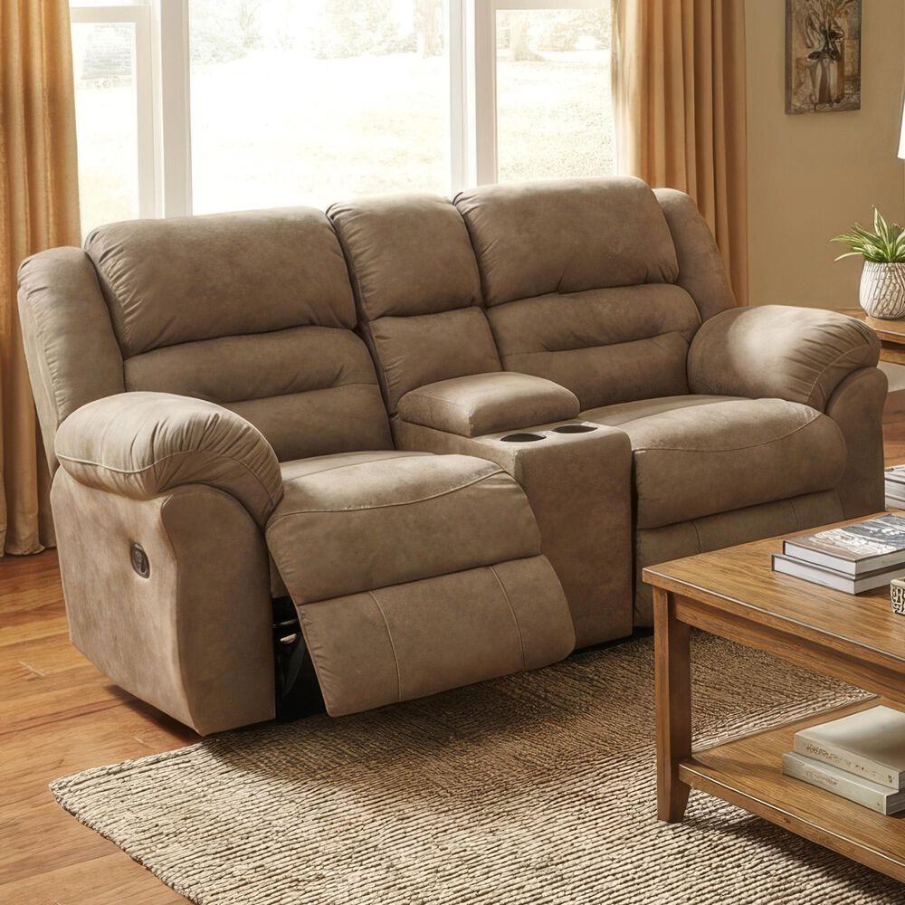 HomeStretch Gambler Manual Double Reclining Loveseat with Console in Bridgestone Truffle Brown, , large